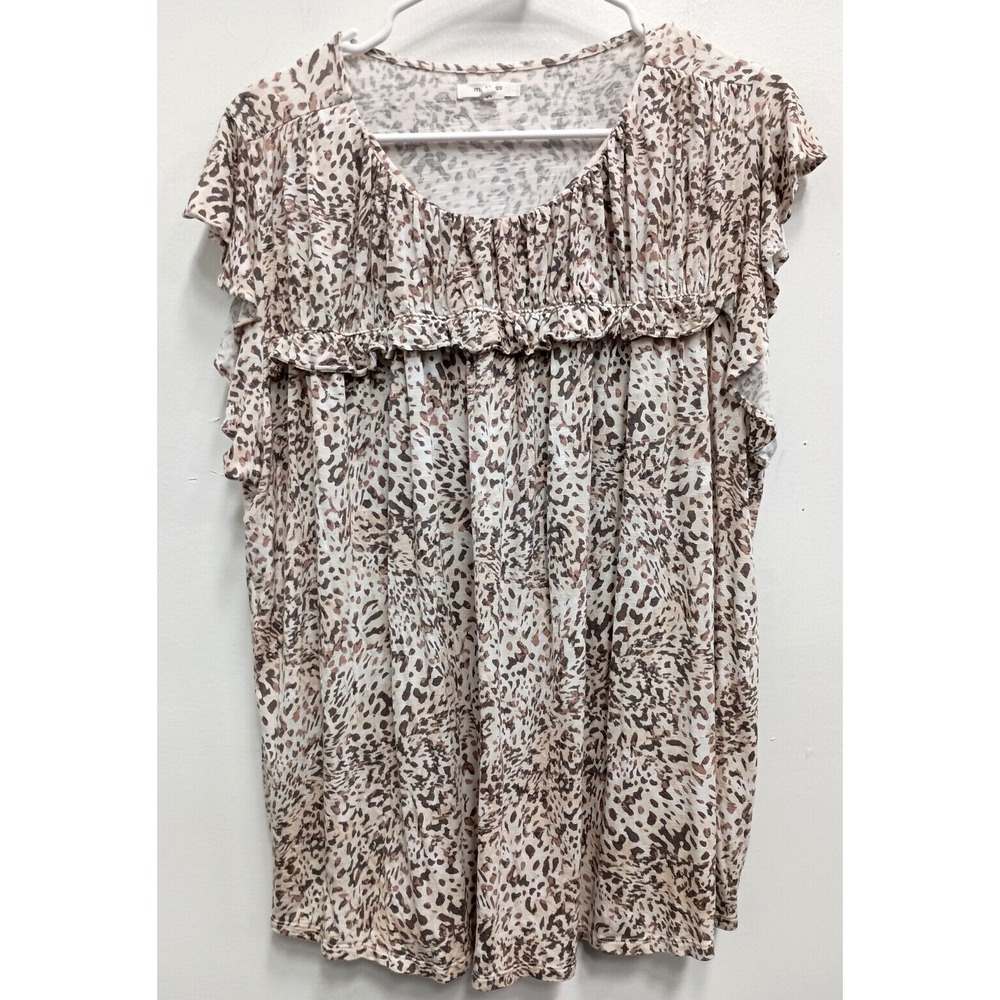 Maurices BOHO Cottage Top Womens XXL White Brown Animal Print Ruffle Sleeveless